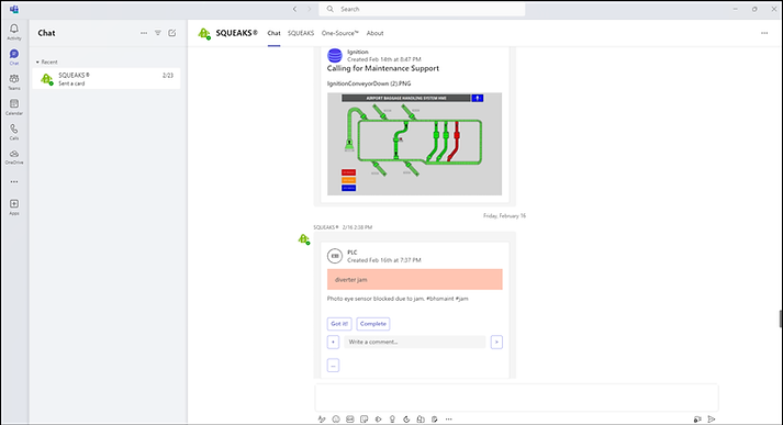 SQUEAKS manufacturing alerts can be delivered through Microsoft Teams chats and channels