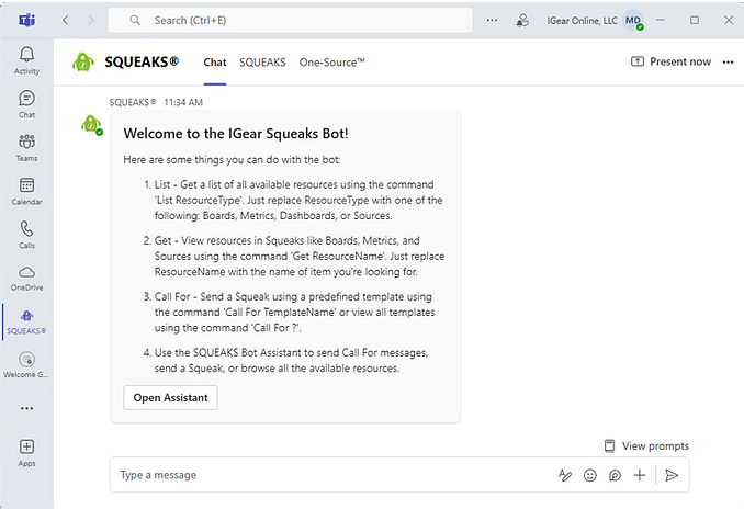Screenshot of the SQUEAKS Bot, bringing important factory information to your Microsoft Teams chat