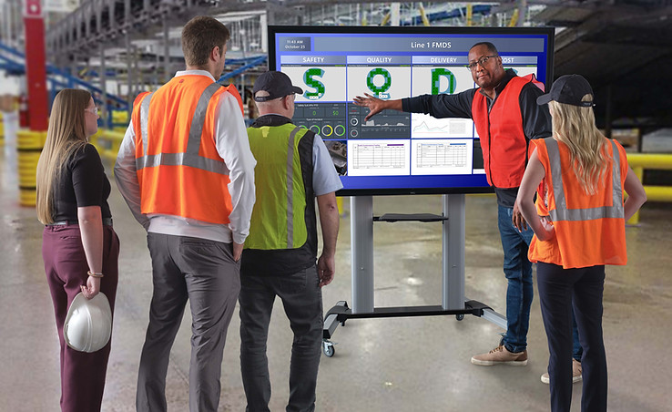 Manufacturing Team Meeting on the factory floor for a meeting around a digital board